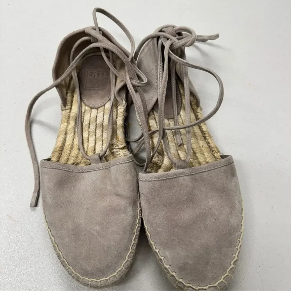 Frye Beige Leather Espadrille Flats Sandals Womens 6.5 Beachy Comfort Lace Up